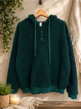 Z by Zella XL Green Sherpa Fleece Hoodie Plush Teddy Pullover Cozy